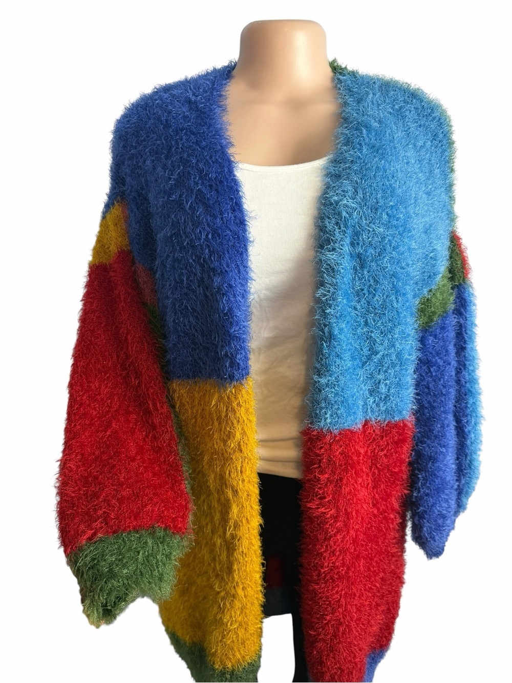 Farm Rio Colorblock Fuzzy Open Front Cardigan Sweater Multi - Picture 3 of 11